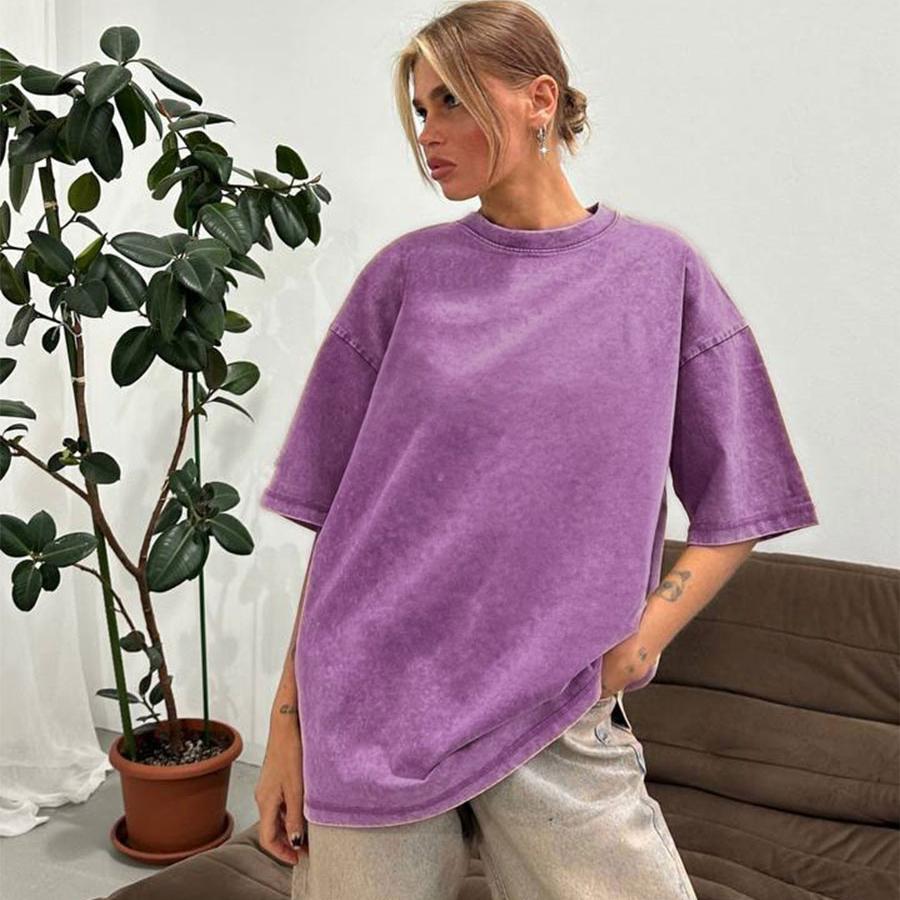 Women Men 100% Cotton Retro T-shirt Men Women Vintage Short-sleeve Wax Printing T Shirts Solid Color Hip Hop Loose Tees