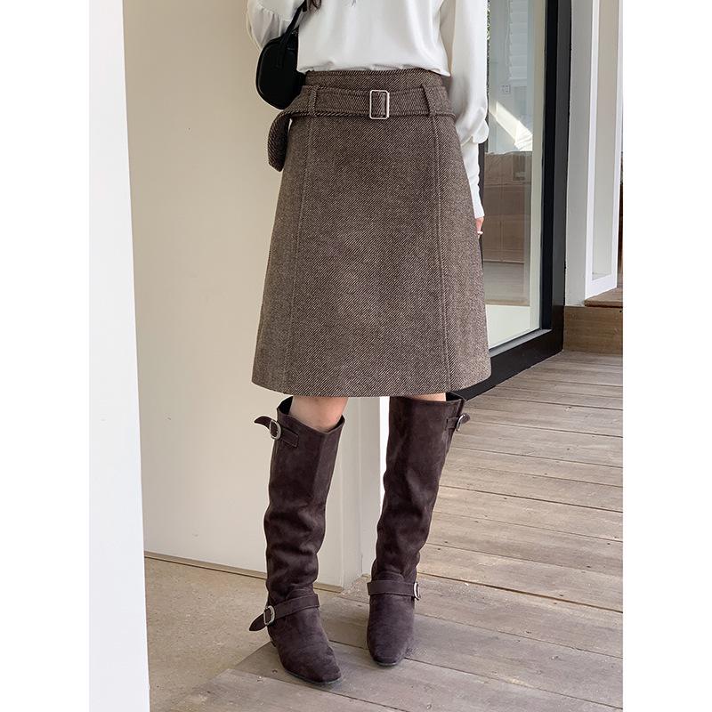 Ge Ming French Retro Woolen High-Waisted Skirt for Women with Belt S (Waist 90-105 cm)
