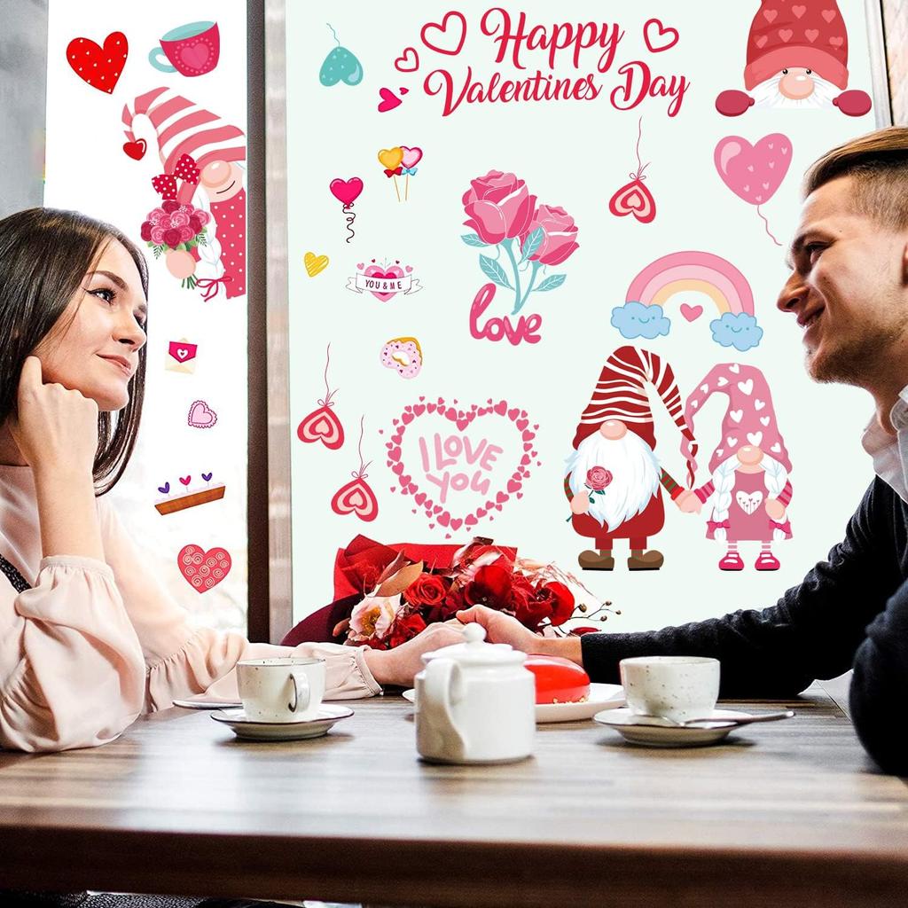 Valentines Day Window Clings Decorations,126Pcs Valentines Window Clings Gnome Heart Decal for Glass,Fabulous for Holiday Decals Family Couples