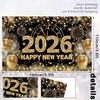 Large Happy New Year 2026 Banner, Black and Gold Happy New Year 2026 Banner, NYE Party Decorations for Boys, Girls, Friends, Celebrations Party Decor