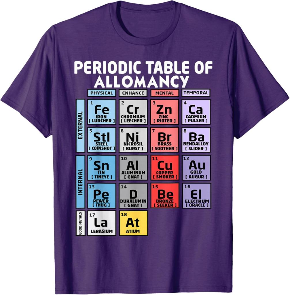 Periodic Table of Allomancy Metal Powers Graphic T-Shirt Casual Short Sleeve Cotton Crewneck Tee