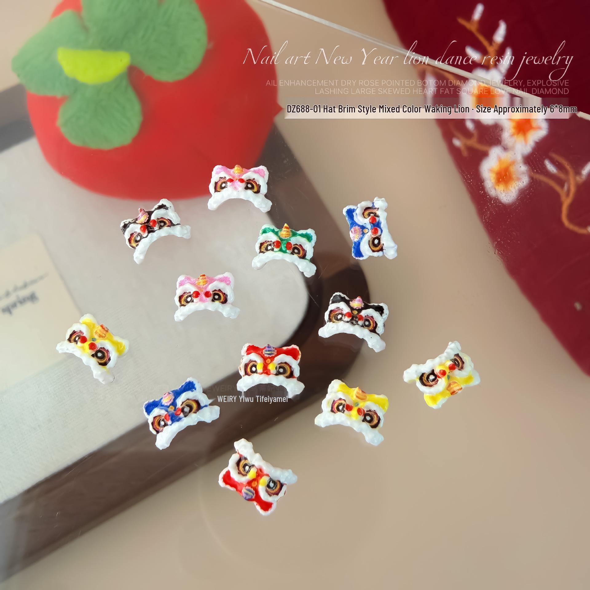 National Waking Lion Nail Art: Cartoon Dancing Lion Resin Rhinestone Decorations