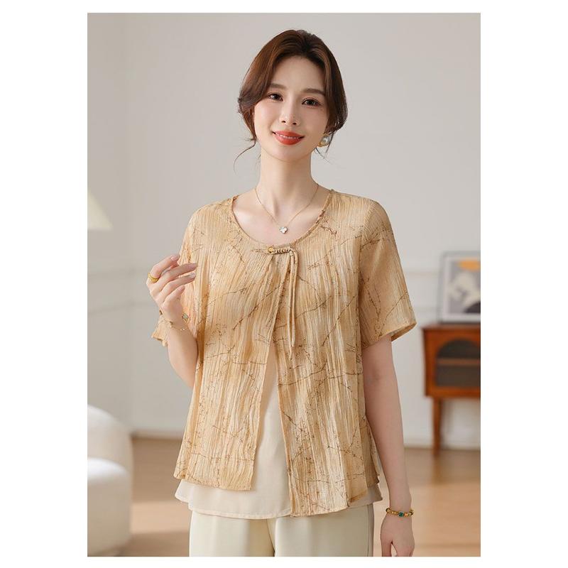 Women's Light Gray Line Print Short-Sleeve Chiffon Blouse Loose Casual Office Top