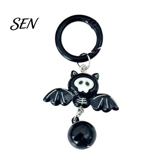 Halloween Themed Keychain Cartoon Bat with Bell, Winged Ghost Castle Seasonal Bag Ornaments Charm, Backpacks Handbags Decoration Accessory,