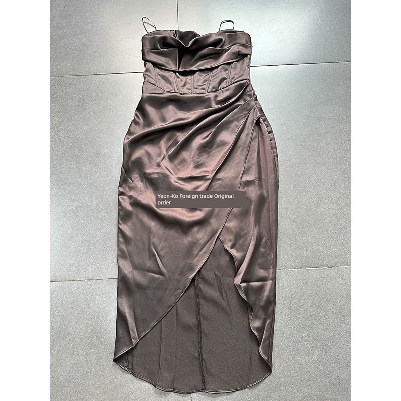 

Export Single Do + B * Classy Imitation Acetic Acid Slip Material Fishbone Swing Collar Waist-Tight Asymmetrical Bud Tube Top Dress Black Brown (GY1629) L