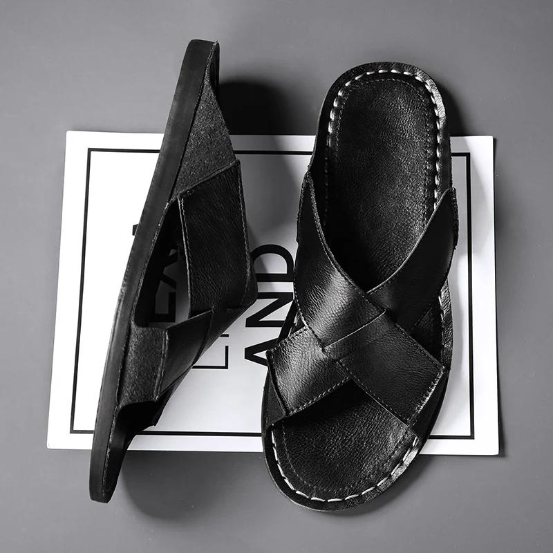 Fashion Men Flat Designer Soft Bottom Sandals Fashion Breathable Trendy All-match Lightweight Casual Leather Sandals Summer Walking Shoe
