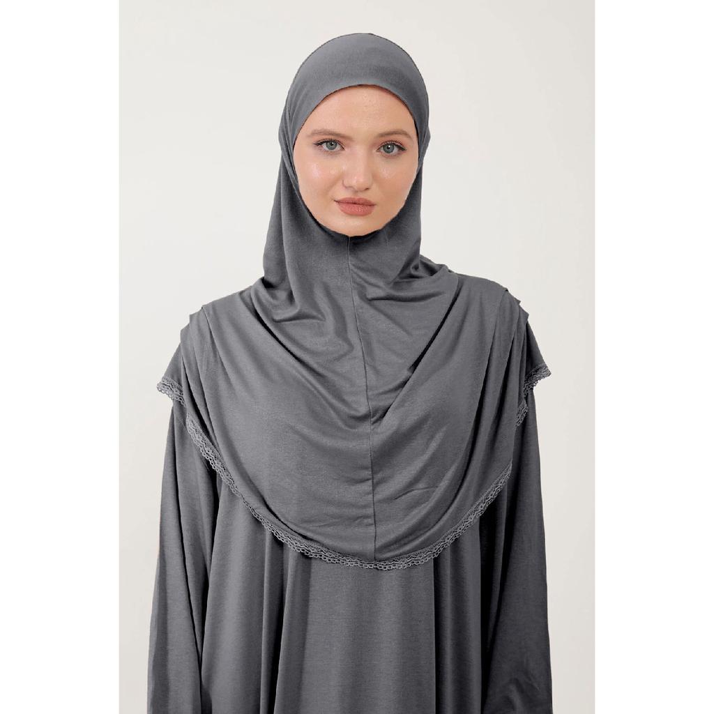 Damen Hijab-Gebetskleid aus Baumwolle mit Kopftuch, Spitze, einteilig, gekämmter Baumwollstoff, Schwarz