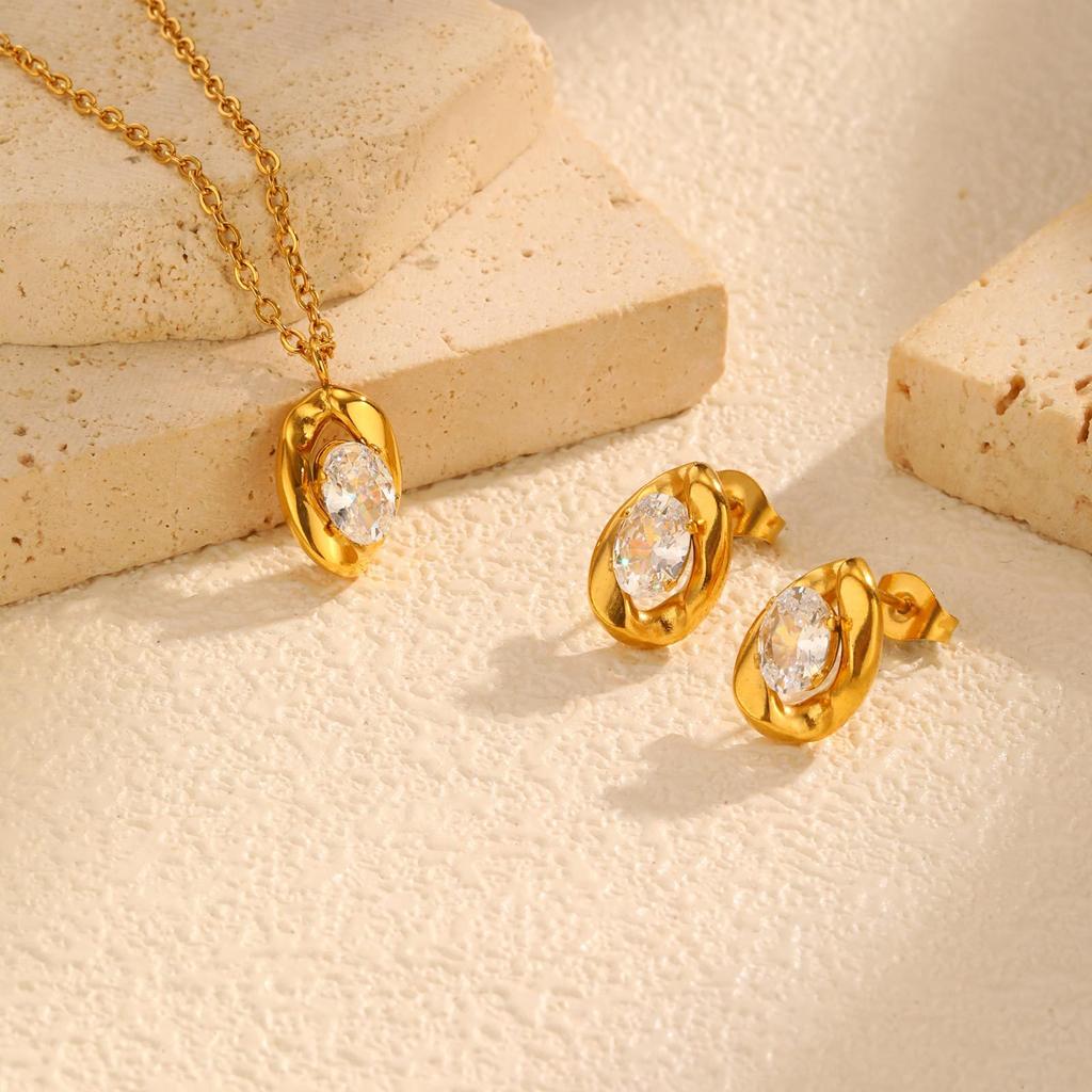 Earrings Stainless Steel Oval White Zircon Stud Earrings Gold Ladies Fashion Earrings, Necklace