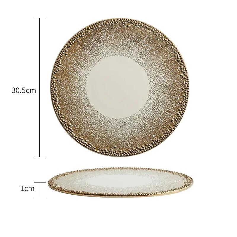 Gold Border High End Dining Plates Creative Light Luxury Ceramic Plate Retro Restaurant Steak Flat Tray Household Tableware
