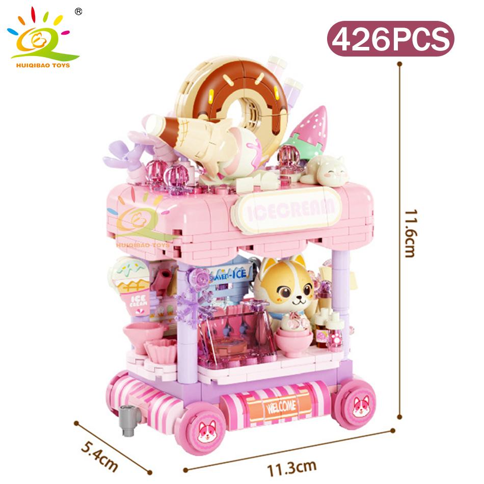 HUIQIBAO City Street View Series Cute Pet Wish Train Shop Mini MOC Model Building Block Micro Set Creative Store Bricks Toys Kid