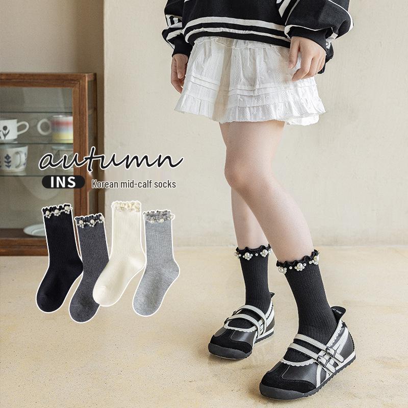 Children's Lace Pearl Mid-Calf Princess Socks - Spring/Autumn Retro Solid Color for Girls