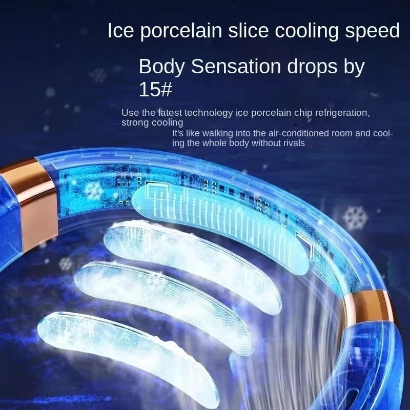 New Portable Bladeless Hanging Neck Fan with LED Digital Display Ice Ceramic Cooling Colorful Light