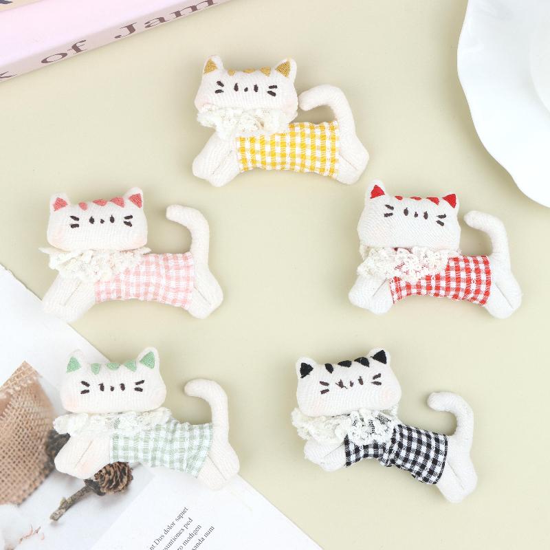Soft Plaid Fabric Stuffed Kitten Ornament Cute Plush Cat Patch DIY Handmade Accessory for Scrapbooking Clothes Bag Decor