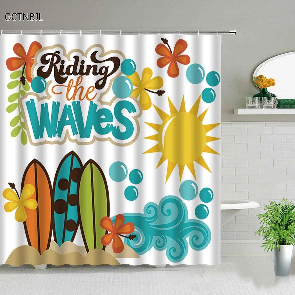 Surf Van Shower Curtain, Waterproof Fabric with Tropical Design for Fun Beach-Themed Bathroom Decor, Adds Coastal Vibes
