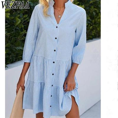 Damenmode Sommer Frühling Einfarbig Druck 1/2 Ärmel Stehkragen Lockere Taille Freizeitkleider