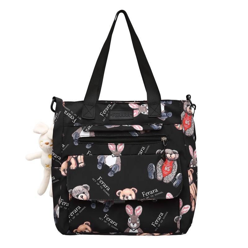 

Cute Bear Bunny Print Nylon School Backpack With Breathable Straps For Teen Students Black Shoulder Bag