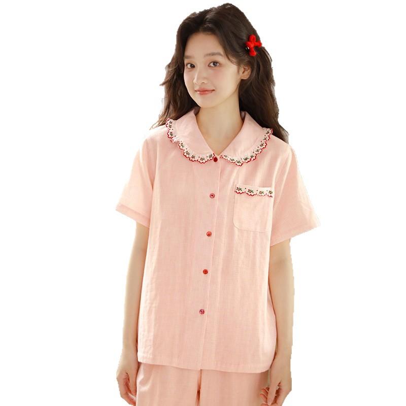 Summer pajamas women's pure cotton cotton yarn sweet high-tech embroidered women's doll collar can be worn outside short-sleeved trousers set 19