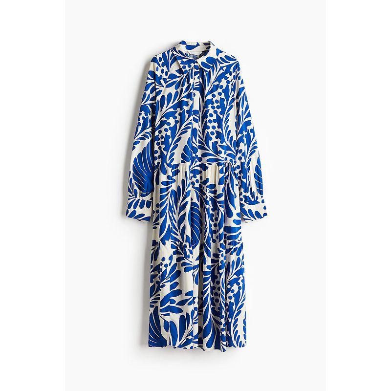 

HM Women s Clothing Dress 2025 Autumn New Arrival Casual Style round Neck Long Sleeves Print Loose-Fitting Mid-Length Dress 1263590 White/Blue pattern 170/116
