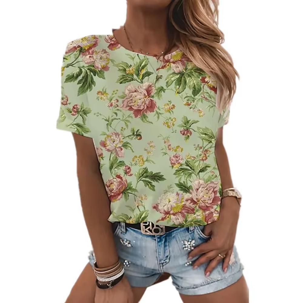 Fashion art floral pattern T-shirt for ladies, summer casual printed outfit