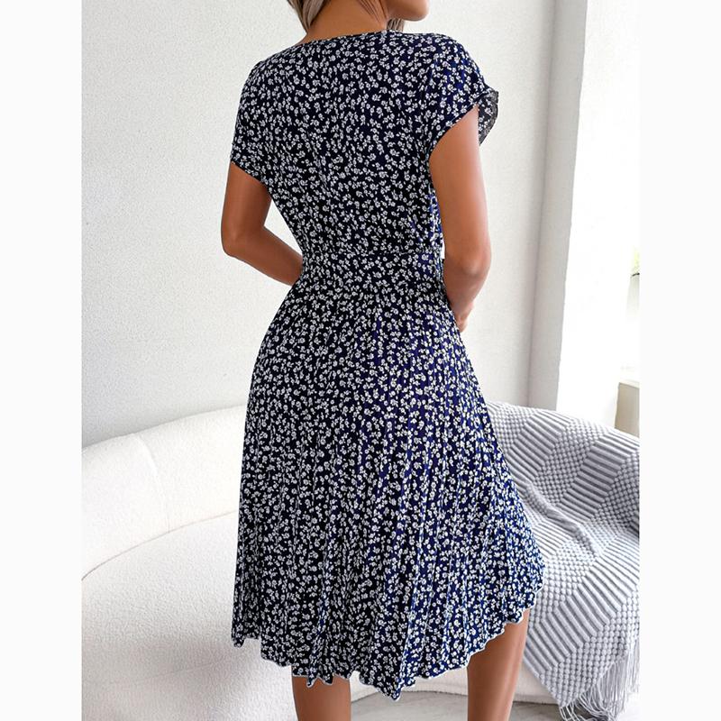 New Summer Short Sleeve Casual Dress Women Sexy Floral Print Pleated Dress for Women Summer High Waist A Line Loose Dresses 24116