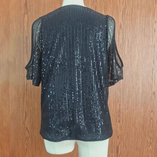 Damen Oberteile Rundhals Schulterfrei Kurzarm Pullover Tops Glänzende Pailletten Sexy Party T-Shirt Urlaubs-Date-Kleidung