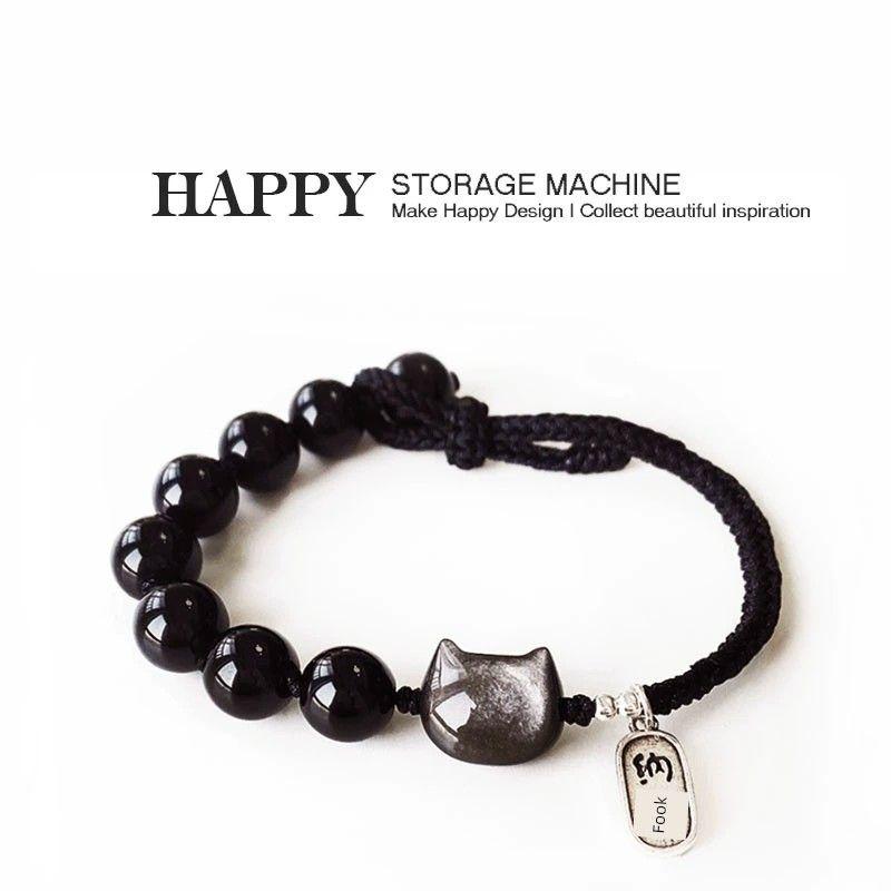 

Доступная роскошь Счастливая милая пара камней Маленький черный кот Obsidian Black Cat Bracelet