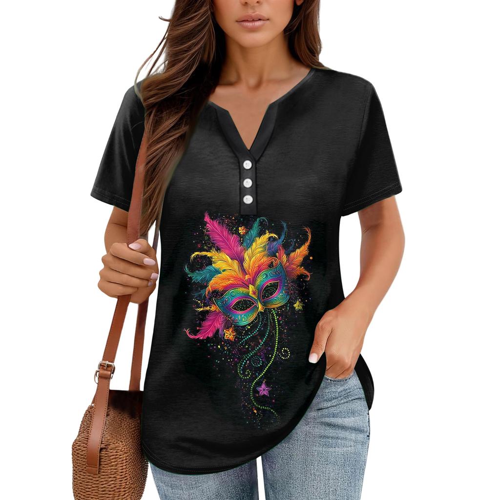 Damen-T-Shirt, T-Shirt, bedruckt, Knopfleiste, kurzärmelig, für den Alltag, Wochenende, modisch, Basic, V-Ausschnitt, normales Oberteil