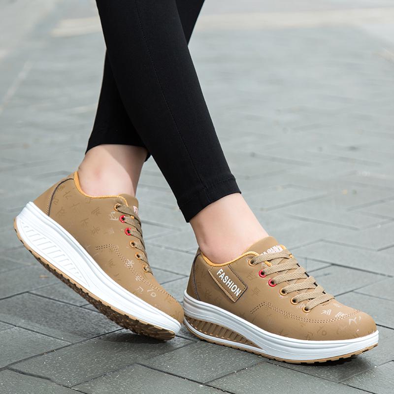 Fashion Women Running Sports Shoes Rocker Shoes Breathable Platform Shoes PU Leather Casual Walking Wedge Heels