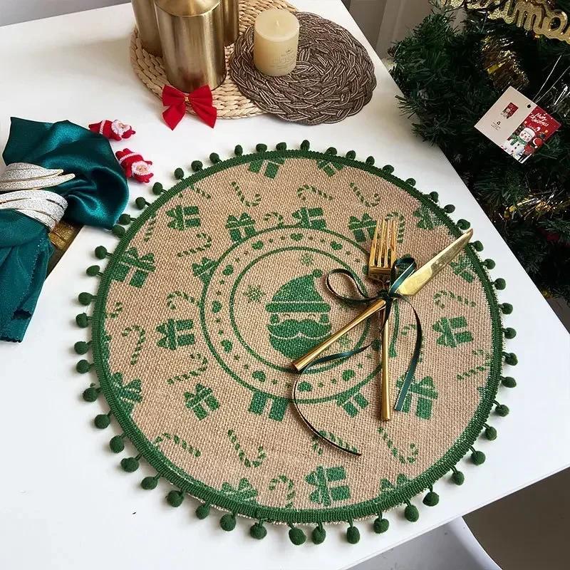 Jute Table Mats Christmas Woven Placemat Ins Printed Hairball Thermal Insulation Mat Retro Cotton and Linen Decorative Mat