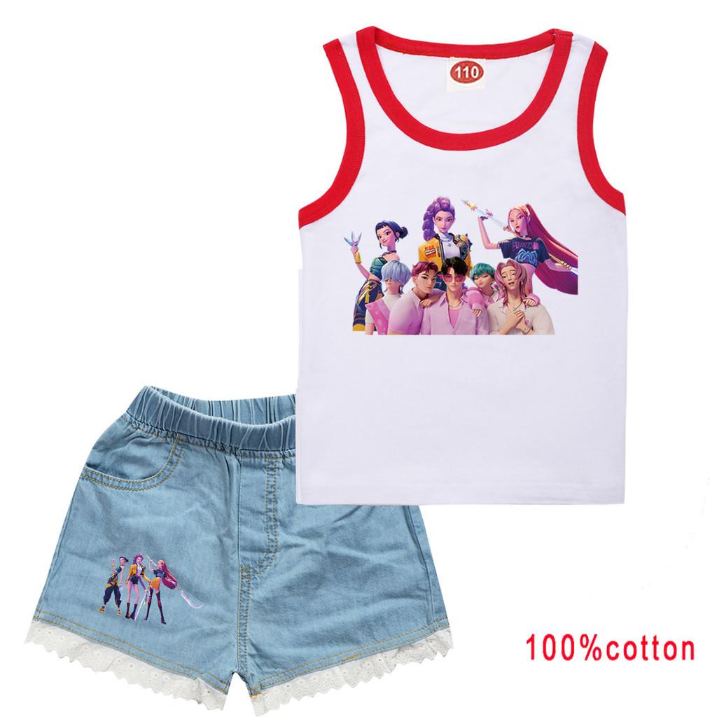 Kids Girls Anime Cartoon K-Pop Printed Cotton Sleeveless Tank Top Jeans Shorts Clothes Set