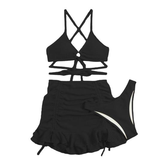 3Pcs/Set Women Swimsuit Solid Color Wave Texture Sexy Split Bikini with Drawstring Ruffle Trim Skirt Lace-up Beachwear