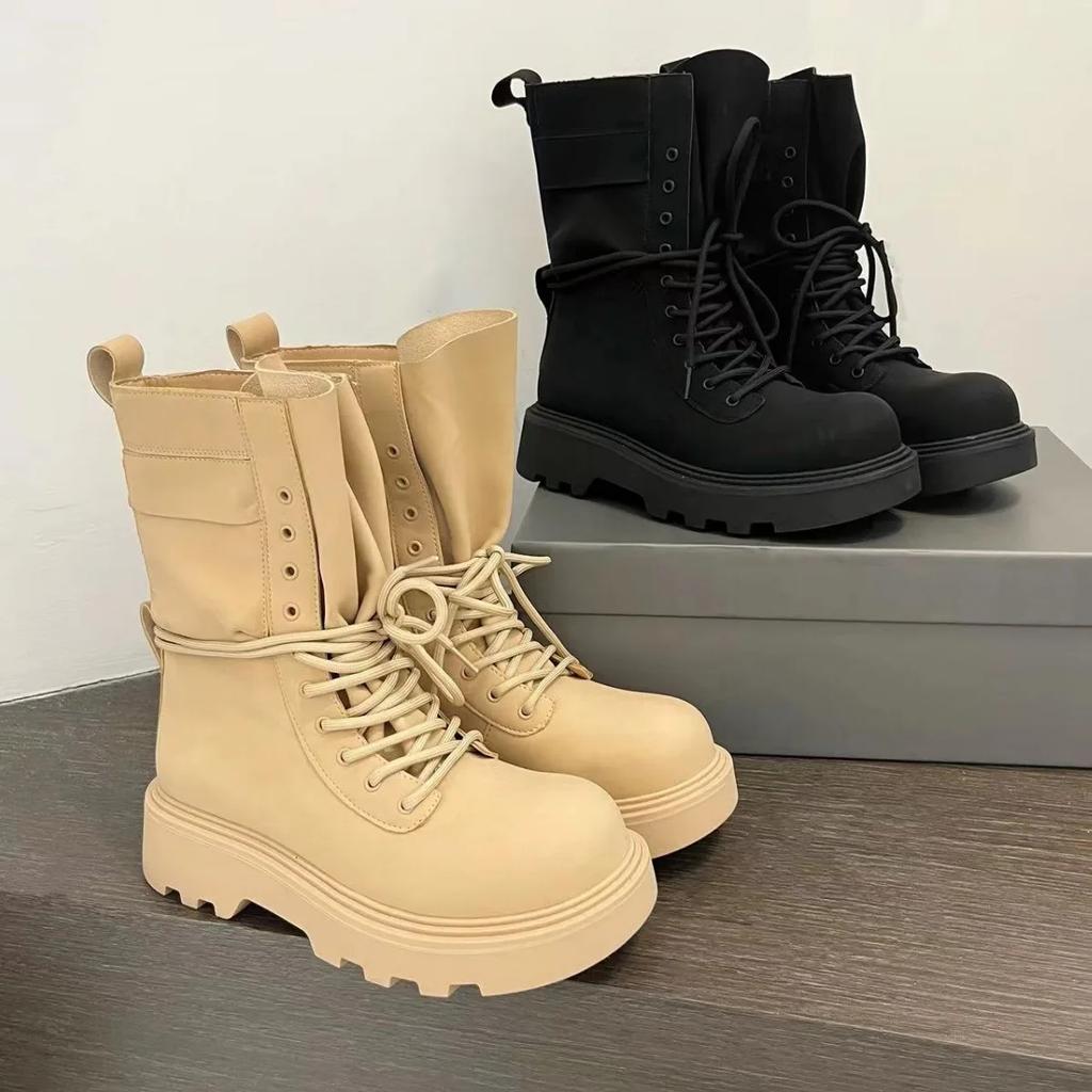 Fashion New Mid Calf Boots Women Autumn Winter Fashion Lace-up Ladies Chelsea Zipper Botas Mujer Boots Sports Platform Heel Ladies Shoes