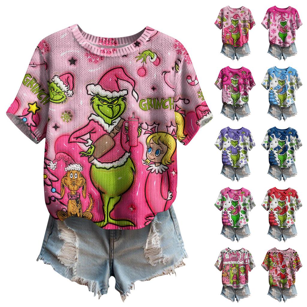 Women's Cute Sweater Knitted Fashion Casual Round-neck Short-sleeved  Cozy Print Top