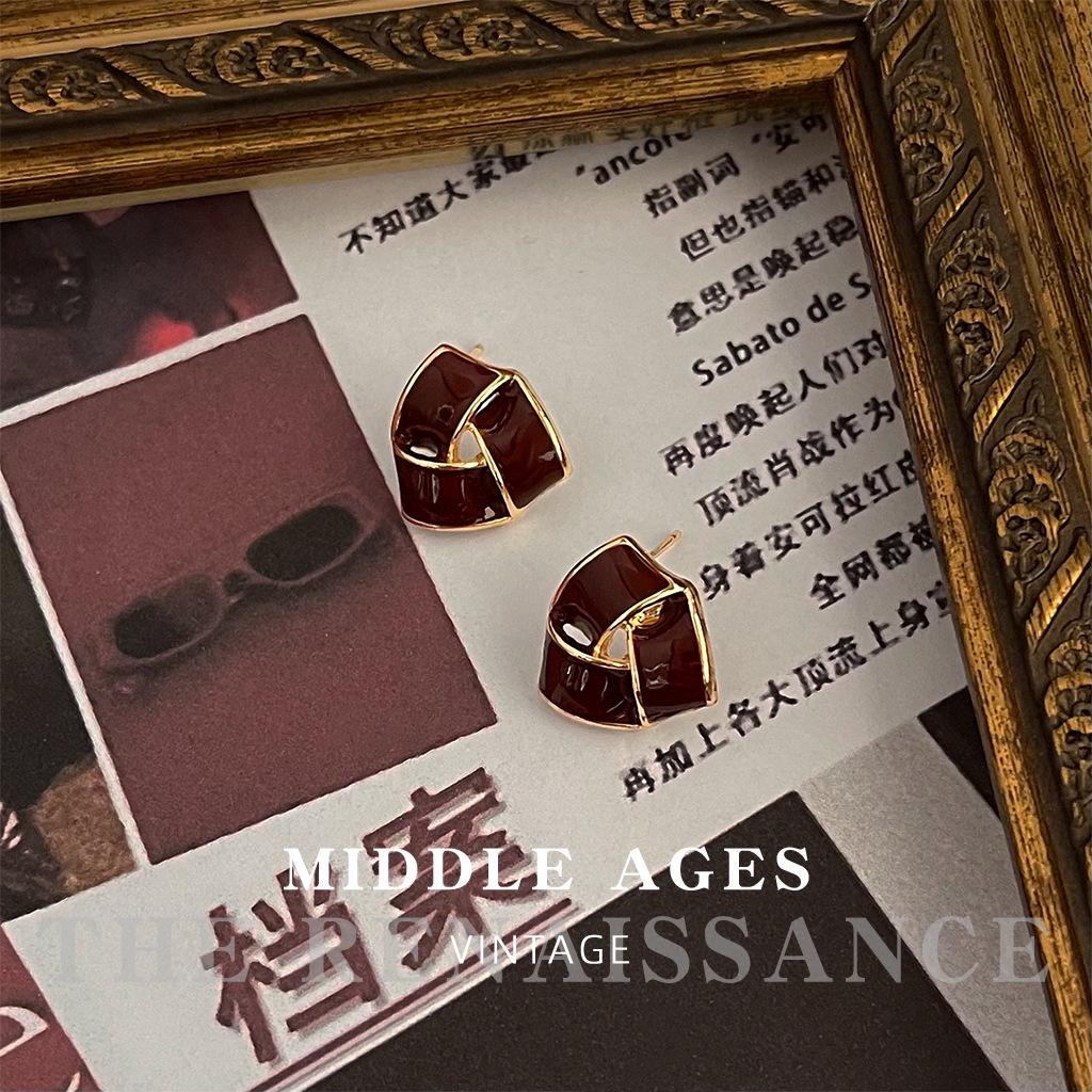 Boucles d'oreilles pendantes vintage en émail rouge bordeaux - Clous de style rétro français