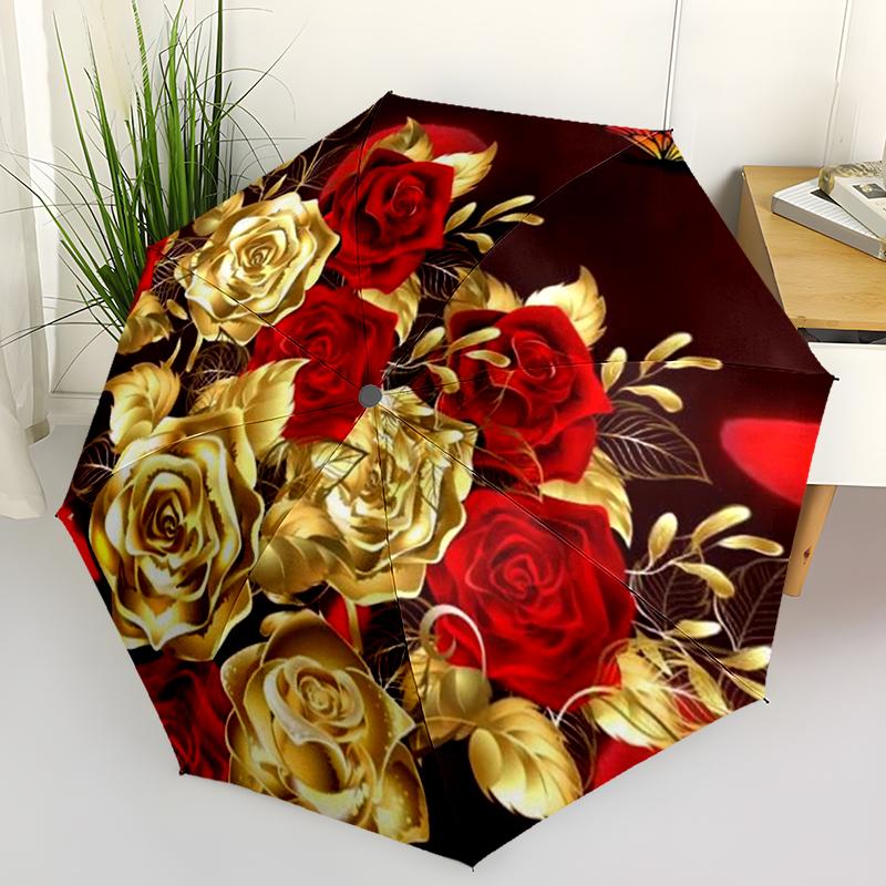 1PC Note Gold Red Roses Folding Umbrella Auto-Open Design 8 Iron Ribs Plastic Handle Foldable Sunshade Perfect Christmas Gifts