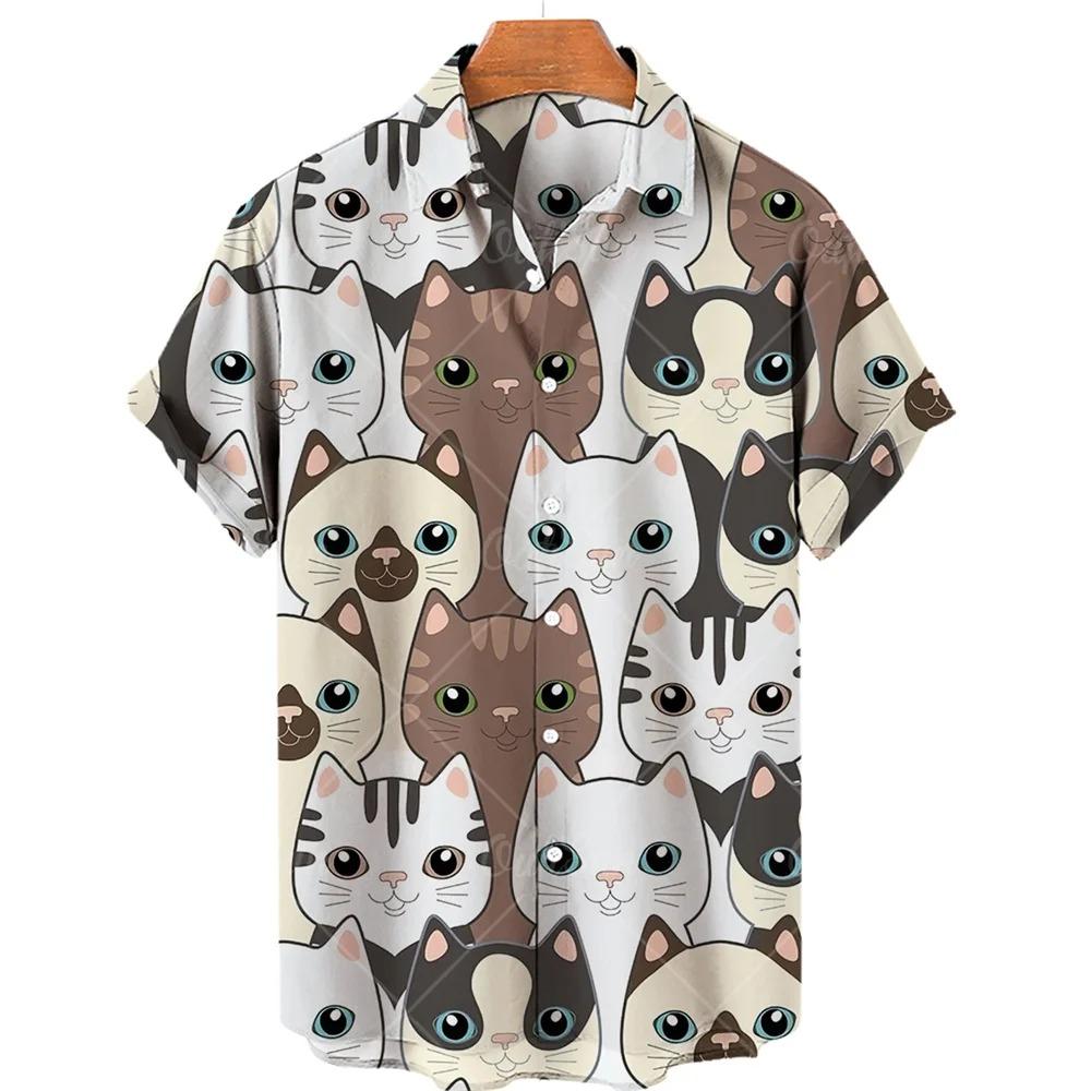 Cute Cat Pattern Print Men Short Sleeve Shirt Summer Men Fashion Loose Shirt Tops