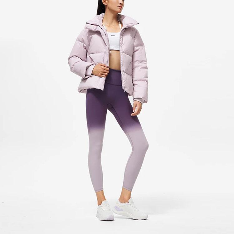 Li Ning Fitness Series Solid Color Stand Collar Water Resistant Anti Static Loose Down Jacket Women Outerwear Silk-Purple AYMT096-4