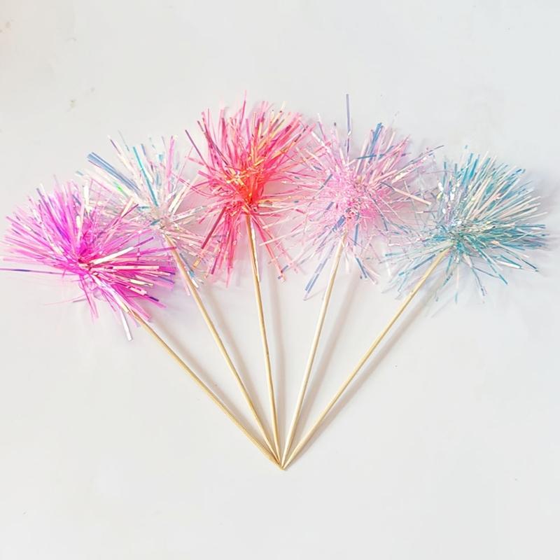 10Pcs Wooden Cake Decorations Colorful Tinsel Cake Insert Sticks Embellishments For Birthday Wedding Anniversary Party