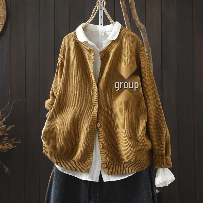 Women's Yellow Cotton Cardigan with Pockets - 2026 Spring Collection, Artistic & Lazy Style Knitwear