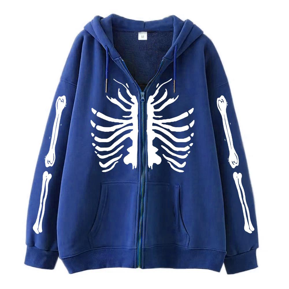 2022 Cross-border Gothic Zipper Sweater Skull Skeleton Printed Cardigan Jacket European and American Street Tide Large Size Hoodie