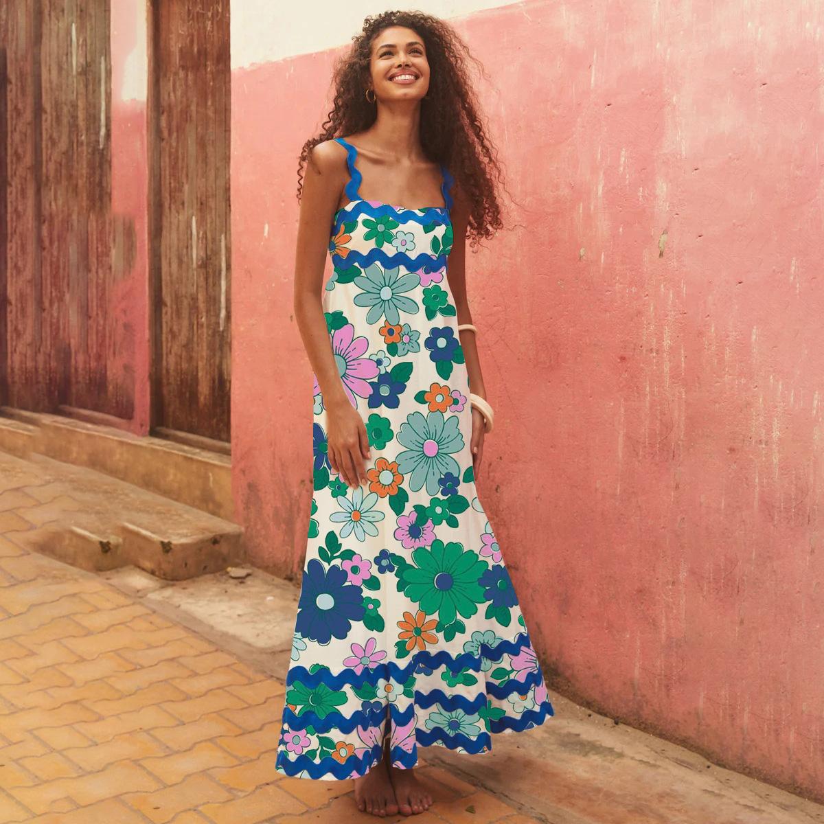 

Женское весеннее платье-комбинация без рукавов с цветочным принтом и волнистыми подтяжками, летнее повседневное платье-халат длиной до щиколотки с высокой талией, размер S-XL M