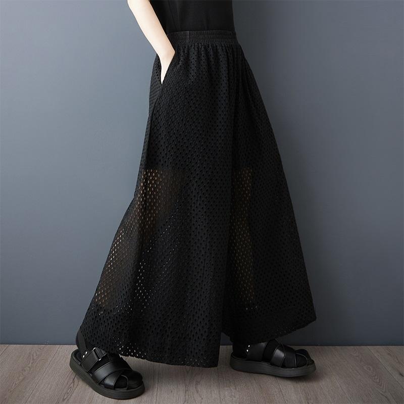 

Черные большие размеры Винтажные с дырками высокая талия Повседневные свободные Летние широкие брюки Женские брюки