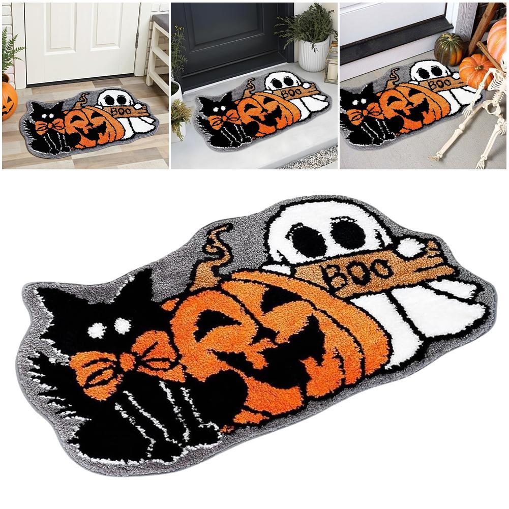 Halloween Ghost Pumpkin Door Mat Soft Bath Mat Plush Floor Rug Hypoallergenic Non-slip for Entrance Bedroom Kitchen Bathroom Use