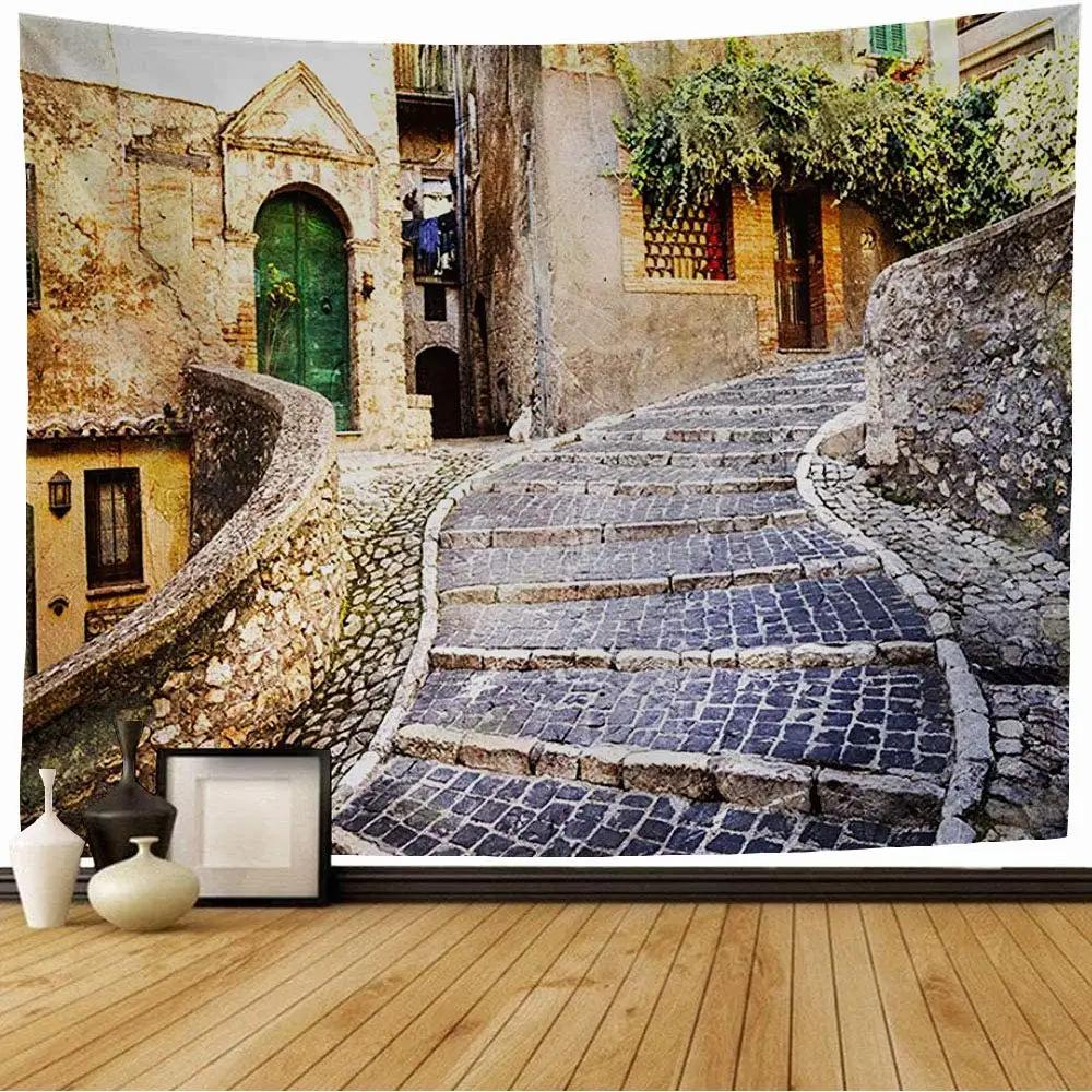 Nature Tapestry Idyllic Village Small Town European Pastoral Scenery Tapestry Wall Hanging Decor for Bedroom Living Room Dorm