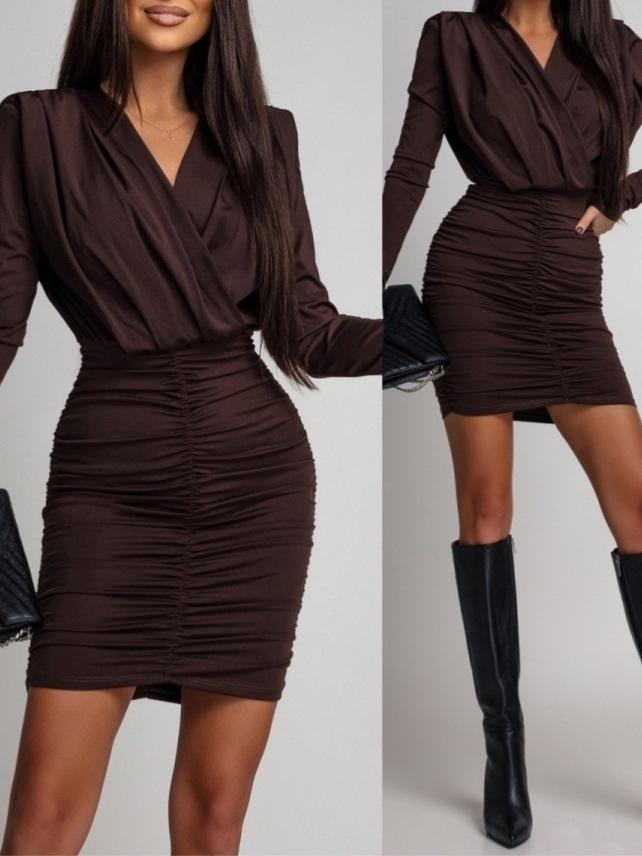 European Slim V-Neck Long Sleeve Dress – Solid Color, Hip-Hugging, Sexy & Fashionable Women's Wear
