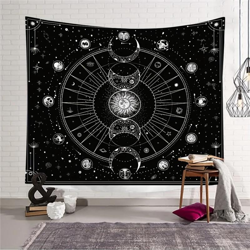 VIKAMA Black and White Constellations Moon Phases Tarot Wind Art Tapestry Living Room Bedroom Bedhead Sofa Background Wall Decor