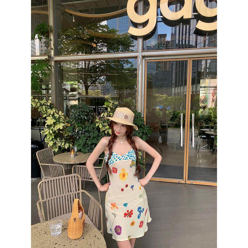 

Kumikumi Gentle Floral Waist Hugging Sling Dress Women Summer French style Temperament Slimming A- line Skirt Long dress Butterfly Skirt M