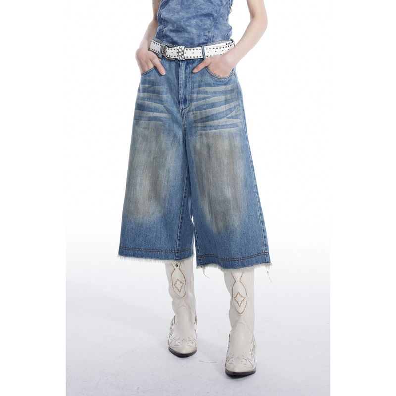 

Thelight2024 Summer New Arrival Retro Blue Straight-leg Denim Female Loose High Waist Slimming Cropped Pants Ice Blue S