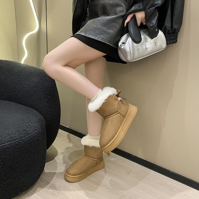 2025 New Bow Decoration Casual Women's Snow Boots Thick Sole Plus Size Warm Cotton Shoes