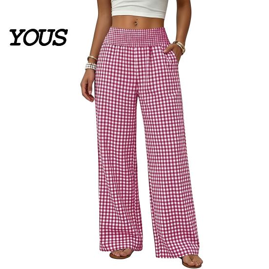 Breathable Summer Pants Women Striped Wide Leg Pants, Elastic Waist Casual Trousers Trousers, Loose Fit Palazzo with Pockets Lightweight